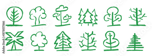 Simple Tree Drawings Crayon Chalk Drawing Doodle Vector Set