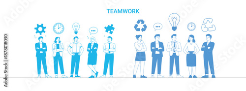 Teamwork concept with people and symbols in blue tones