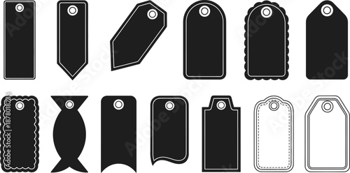 Collection of various black and white price tags and labels