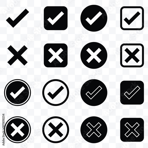 check mark icon button set. check box icon with right and wrong buttons and yes or no checkmark icons vector  isolated on transparent background.