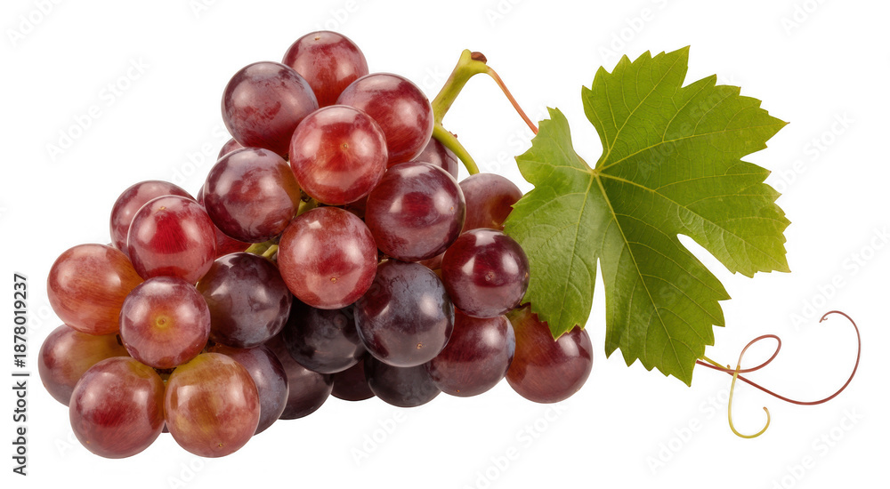 Fototapeta premium Bunch of red grapes with green leaf fruit isolated on a transparent background