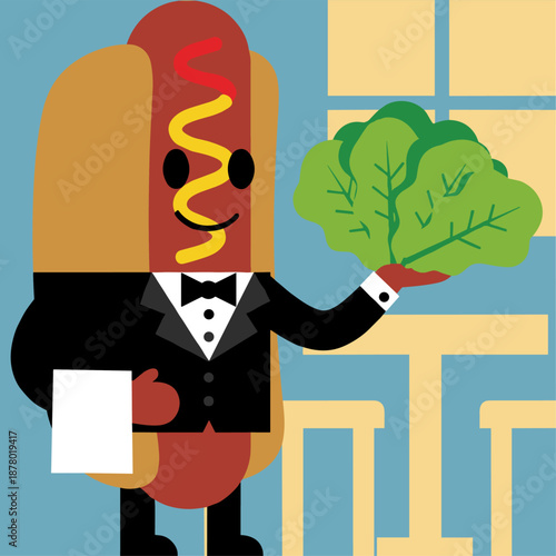 hotdog character dressed like a waiter with a bunch of lettuce in his hand in flat color block editable vector illustration