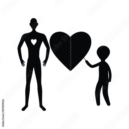 Valentine's Day silhouette vector illustration of a tall figure and a child with a heart for family love, fatherhood, or mentorship concepts
