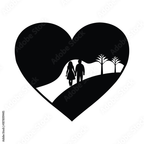 Valentine's Day silhouette vector illustration of a couple walking in a heart-shaped landscape for travel, journey, and shared adventure love themes