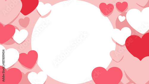 Romantic background with pink and white hearts surrounding a blank white space for text or images