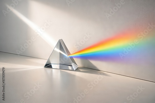 Crystal prism dispersing light into a vivid rainbow spectrum illuminating a soft textured background capturing the essence of optical physics and artistic exploration