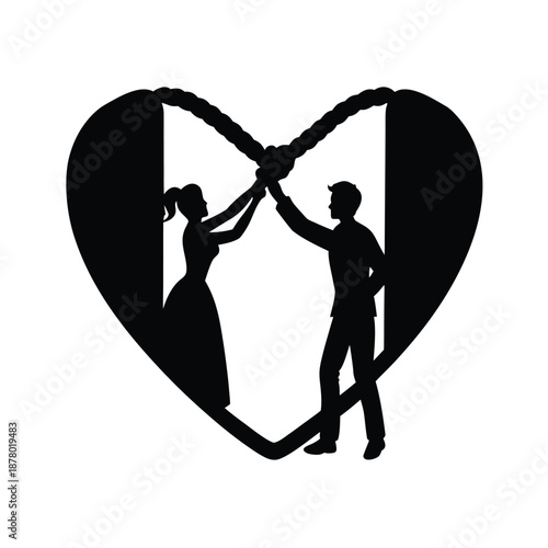 Valentine's Day silhouette vector illustration of a couple holding hands inside a stylized frame for romantic borders and wedding photography layouts