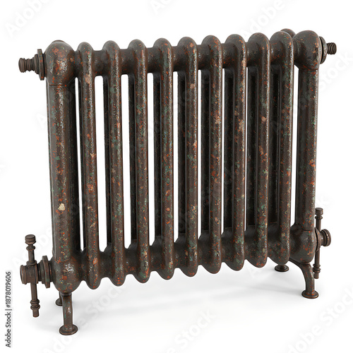 Vintage cast iron radiator with a rusted surface and worn details  