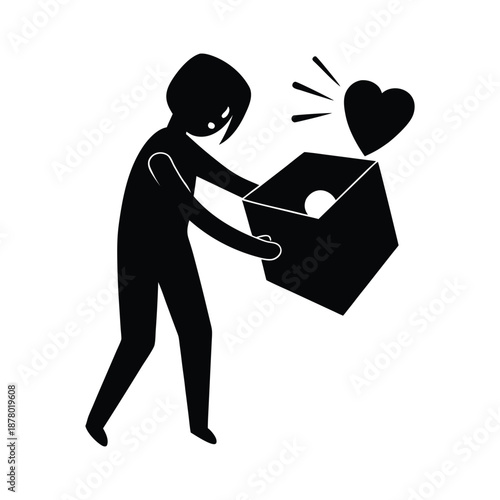Valentine's Day silhouette vector illustration of a person carrying a heavy box with hearts for emotional weight or gift giving concepts
