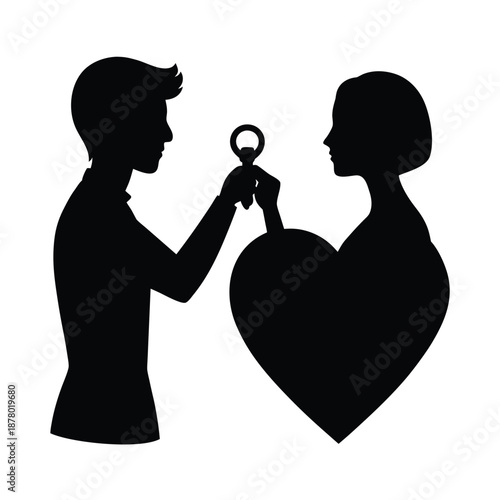 Valentine's Day silhouette vector illustration of a man proposing with a ring to a woman near a large heart for engagement and proposal themes