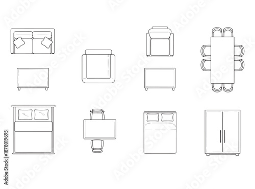Furniture Outline Top View Floor Plan Vector Icon Set for Interior Design