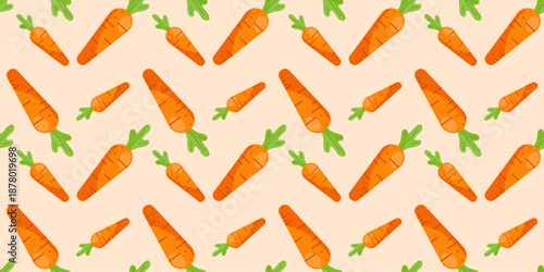 Vibrant seamless pattern with carrot on light orange background.  Repeated pattern with veggies. Flat cartoon style. Background for design, fabric,  textile, cooking decorations, decor, wrapping paper