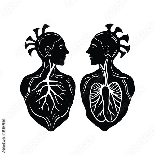 Valentine's Day silhouette vector illustration of two human figures with internal vine hearts for organic connection and growing love themes
