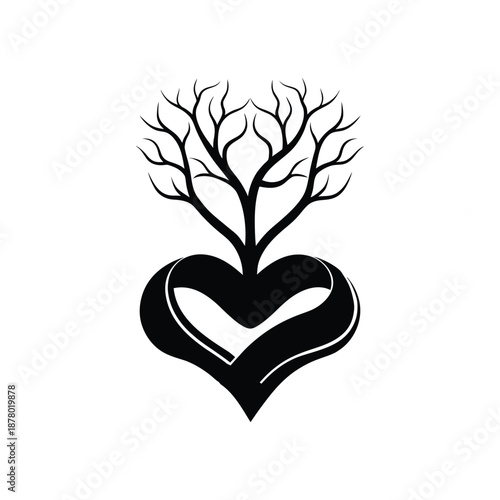 Valentine's Day silhouette vector illustration of a heart-shaped tree growing from a heart base for deep roots and stable relationship themes