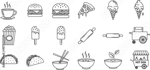 Food icon vector set, black and white line art illustrations, burger, pizza, ice cream, popcorn, taco, bowl, cart, drink, utensil graphics