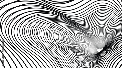 Abstract black and white flowing line pattern creating dynamic optical illusion background with swirling waves, modern minimal geometric design for contemporary visual art