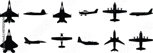 Aircraft silhouette collection featuring military jets, passenger airplanes, propeller planes, top and side views, aviation transport shapes, black airplane icons isolated on white background