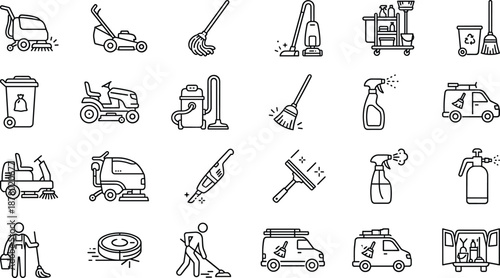 Cleaning service line icons set featuring janitorial equipment, housekeeping tools, waste management, maintenance vehicles, and professional sanitation symbols for commercial residential use