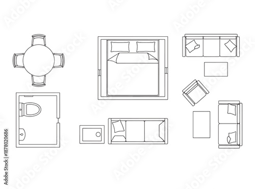 Furniture Outline Top View Floor Plan Vector Icons for Interior Design