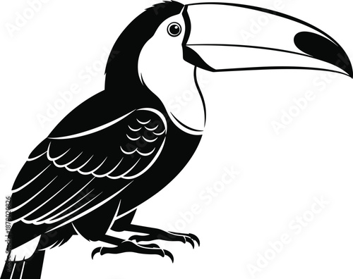Toucan bird icon vector, black and white tropical illustration, exotic wildlife silhouette, large beak profile, jungle animal graphic, minimal design