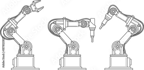 Industrial robotic arm line illustration set showing automated manufacturing machinery technology for factory automation, engineering design, mechanical engineering, isolated on white background