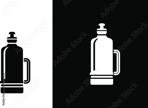 Thermos bottle icon vector set, black and white travel mug illustrations, push-button lid, handle design, minimal silhouette, reusable drink container graphics