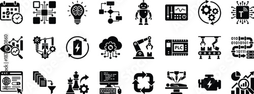 Industry 4.0 automation and artificial intelligence solid icon set featuring robotics, IoT, PLC, data analytics, smart manufacturing, cloud computing, and industrial control systems
