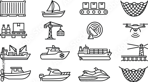 Maritime logistics and shipping line icon set featuring boats, cargo ships, cranes, ports, containers, fishing nets, radar, lighthouse, and marine transportation symbols
