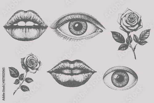 lips, mouth, eyes and rose in scream with monochrome photocopy effect, for grunge punk y2k collage design. Retro Trendy design element. Eps 10