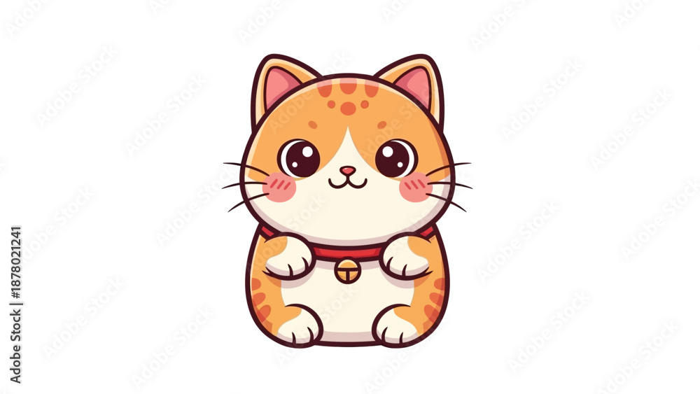 Obraz premium A super cute kawaii Chinese mascot vector of an orange tabby cat with a red collar and golden bell on a white background.