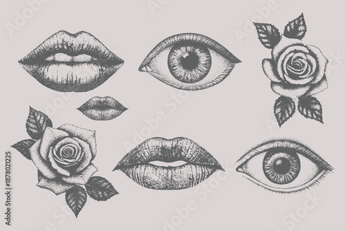 lips, mouth, eyes and rose in scream with monochrome photocopy effect, for grunge punk y2k collage design. Retro Trendy design element. Eps 10