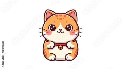 A super cute kawaii Chinese mascot vector of an orange tabby cat with a red collar and golden bell on a white background.