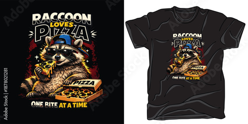 Raccoon loves pizza one bite at a time t-shirt design, cute animal eating fast food