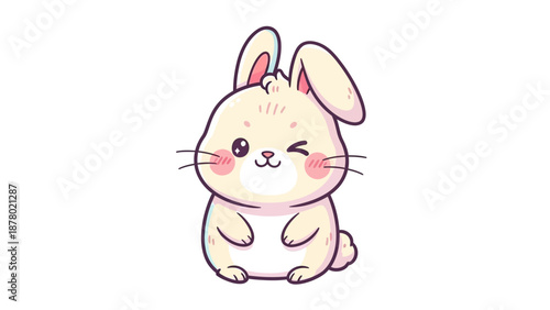 A super cute kawaii Chinese mascot vector of a winking rabbit with rosy cheeks, outlined in purple, on a white background.