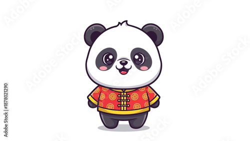 A super cute kawaii Chinese mascot vector illustration of a panda wearing a traditional red and gold outfit on a white background.