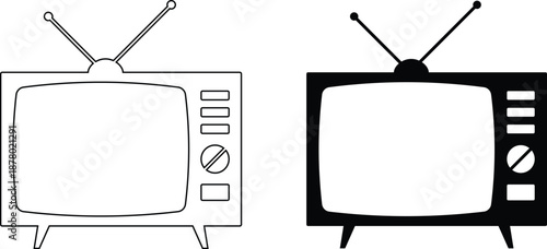 Vintage retro analog tv icon, classic television antenna vector silhouette, old screen media monitor, antique video display.