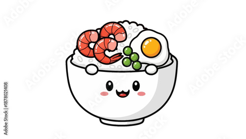 A super cute kawaii Chinese mascot vector of a smiling bowl of food with shrimp, egg, and peas on a plain background.