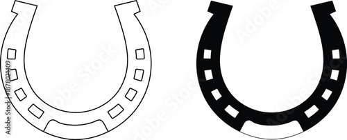 Horseshoe vector icon, lucky talisman line art doodle, horse stallion mascot silhouette, western farm sign clipart design.
