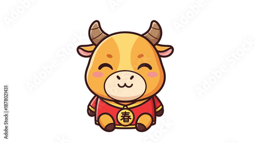 A super cute kawaii Chinese mascot vector of a smiling bull wearing a red outfit with a gold emblem on a white background.
