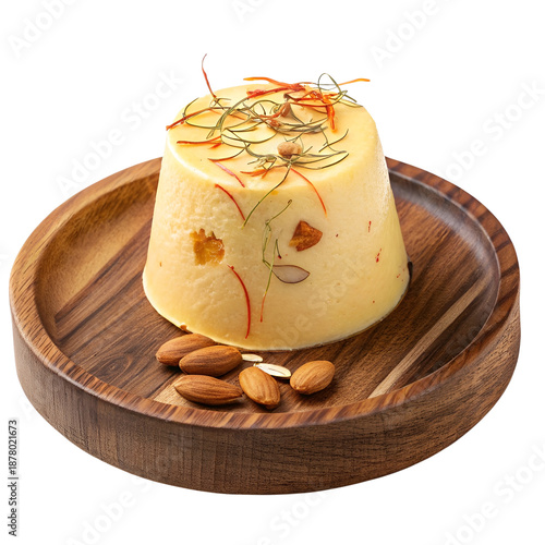 Front View of Mango Almond Saffron Kulfi on Wooden Tray Isolated on Transparent Background