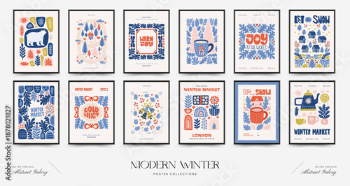 Merry Christmas and Happy New Year vertical flyer or poster template. Modern trendy Matisse minimal style. Hand drawn design for wallpaper, wall decor, print, postcard, cover, template, banner.