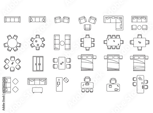 Furniture Outline Top View Floor Plan Vector Icon Set for Interior Design