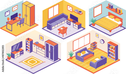 Home interiors elements concept isometric 3d icons set. Furnished rooms isometry isolated collection. bedroom, childs room, Living room, kitchen with dining space, hall and other. Vector illustration