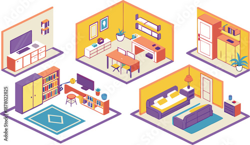 Home interiors elements concept isometric 3d icons set. Furnished rooms isometry isolated collection. bedroom, childs room, Living room, kitchen with dining space, hall and other. Vector illustration