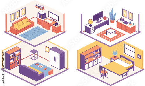 Home interiors elements concept isometric 3d icons set. Furnished rooms isometry isolated collection. bedroom, childs room, Living room, kitchen with dining space, hall and other. Vector illustration