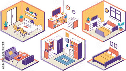 Home interiors elements concept isometric 3d icons set. Furnished rooms isometry isolated collection. bedroom, childs room, Living room, kitchen with dining space, hall and other. Vector illustration