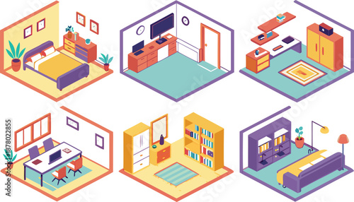 Home interiors elements concept isometric 3d icons set. Furnished rooms isometry isolated collection. bedroom, childs room, Living room, kitchen with dining space, hall and other. Vector illustration