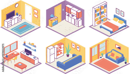 Home interiors elements concept isometric 3d icons set. Furnished rooms isometry isolated collection. bedroom, childs room, Living room, kitchen with dining space, hall and other. Vector illustration