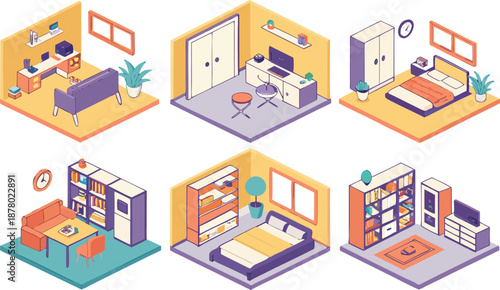 Home interiors elements concept isometric 3d icons set. Furnished rooms isometry isolated collection. bedroom, childs room, Living room, kitchen with dining space, hall and other. Vector illustration