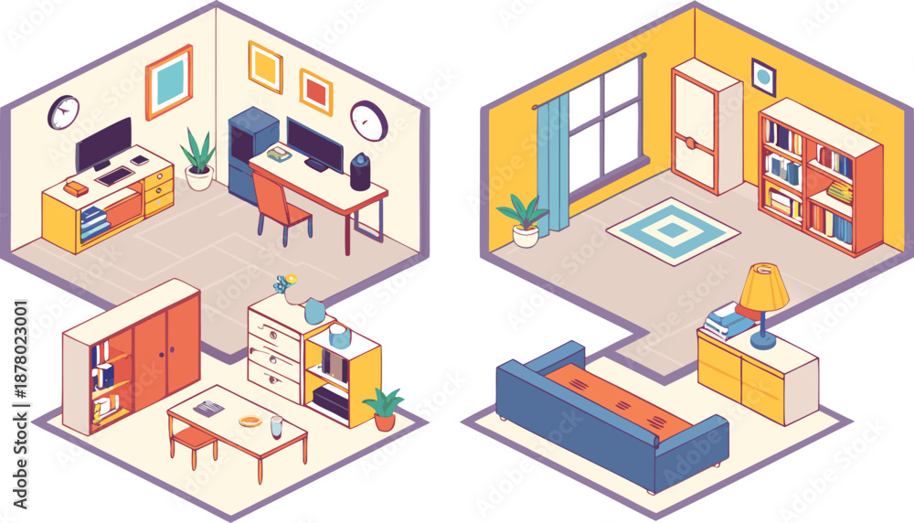 Obraz premium Home interiors elements concept isometric 3d icons set. Furnished rooms isometry isolated collection. bedroom, childs room, Living room, kitchen with dining space, hall and other. Vector illustration